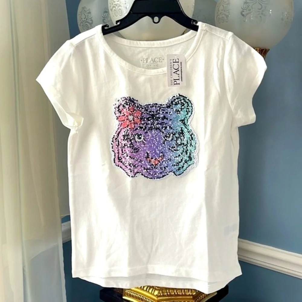 Brand New The Children’s Place White Short Sleeve Top Flip Sequins Floral Tiger